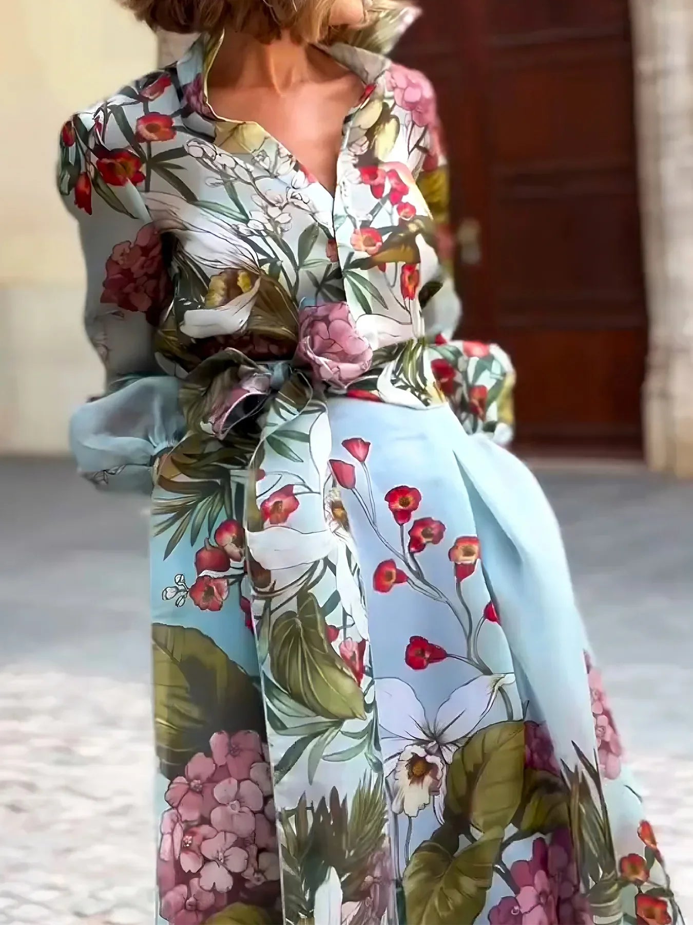 Floral Print Women's Two-Piece Set Long Sleeve Shirt and High Waist Maxi Skirt Elegant Chic Matching Outfit