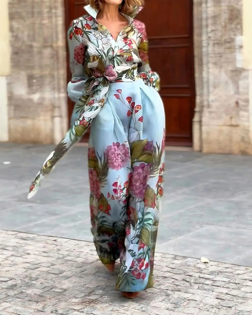 Floral Print Women's Two-Piece Set Long Sleeve Shirt and High Waist Maxi Skirt Elegant Chic Matching Outfit