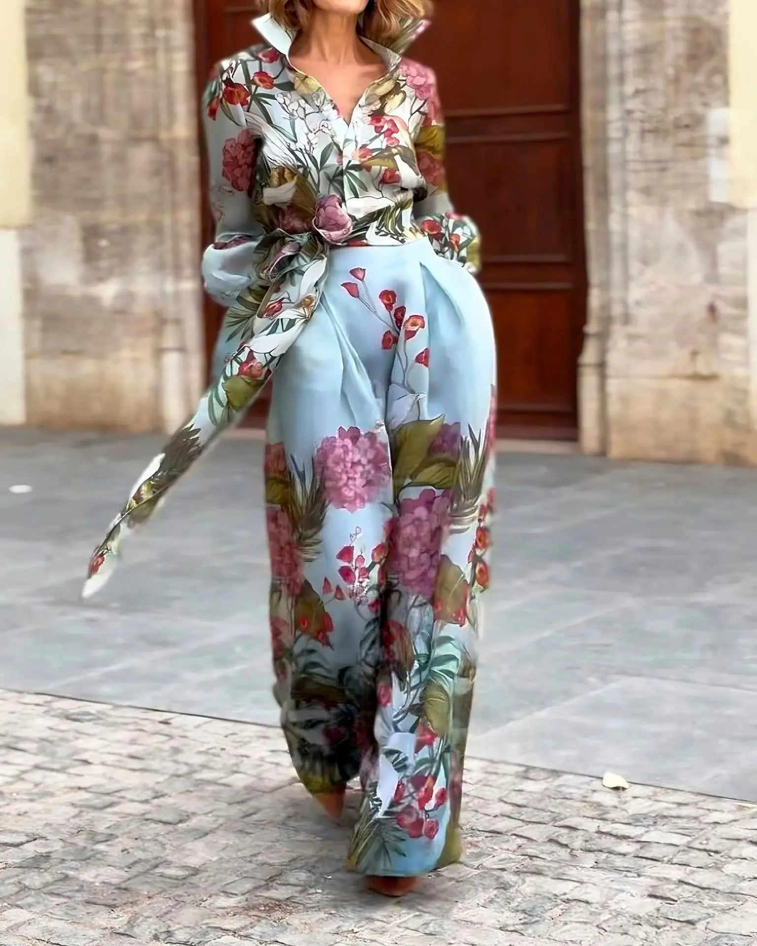 Floral Print Women's Two-Piece Set Long Sleeve Shirt and High Waist Maxi Skirt Elegant Chic Matching Outfit