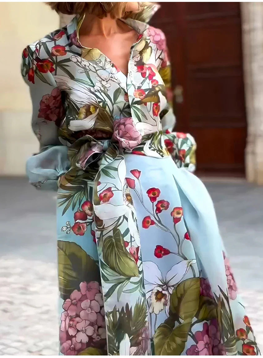 Floral Print Women's Two-Piece Set Long Sleeve Shirt and High Waist Maxi Skirt Elegant Chic Matching Outfit