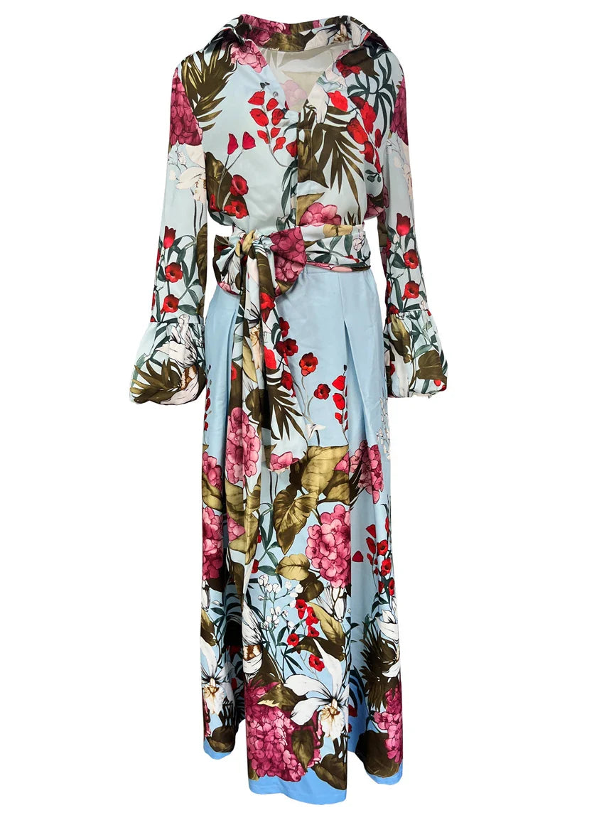 Floral Print Women's Two-Piece Set Long Sleeve Shirt and High Waist Maxi Skirt Elegant Chic Matching Outfit
