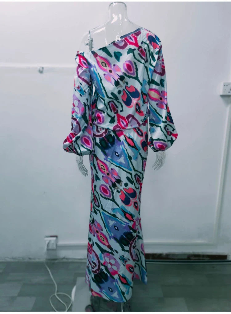 Autumn Casual Two-Piece Women's Off Shoulder Loose Print Asymmetrical Long Sleeve T-Shirt and Fishtail Skirt Set