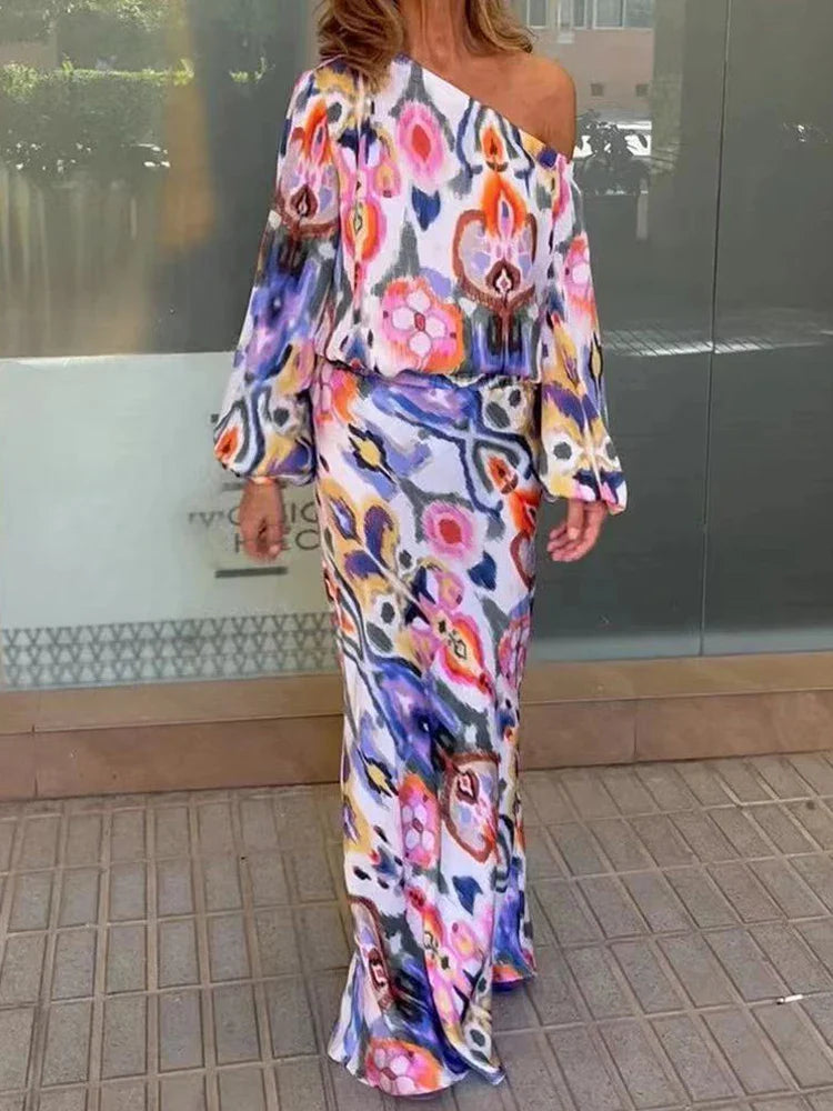 Autumn Casual Two-Piece Women's Off Shoulder Loose Print Asymmetrical Long Sleeve T-Shirt and Fishtail Skirt Set