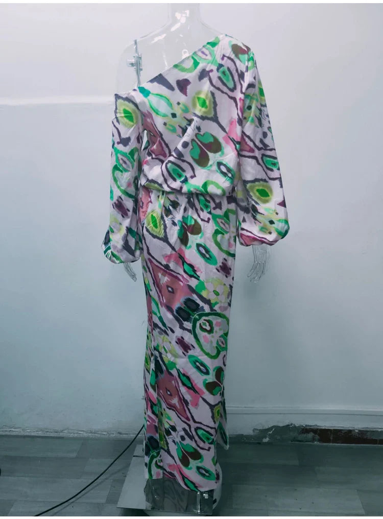 Autumn Casual Two-Piece Women's Off Shoulder Loose Print Asymmetrical Long Sleeve T-Shirt and Fishtail Skirt Set