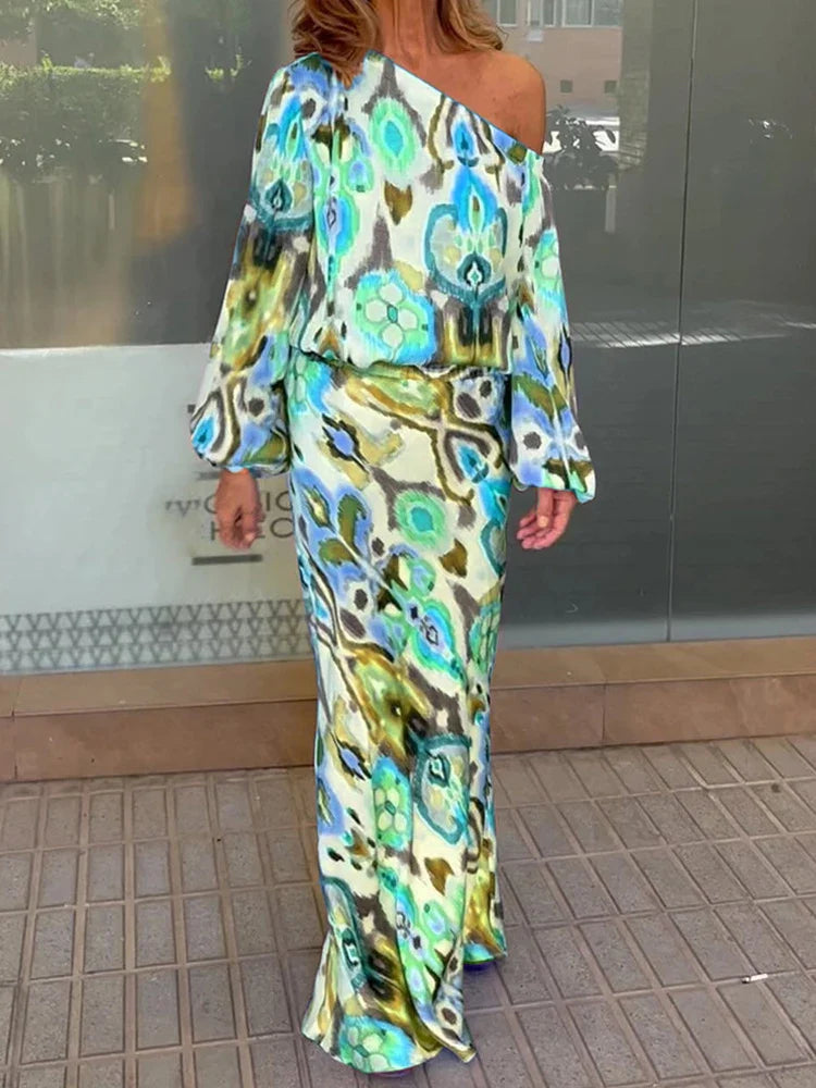 Autumn Casual Two-Piece Women's Off Shoulder Loose Print Asymmetrical Long Sleeve T-Shirt and Fishtail Skirt Set