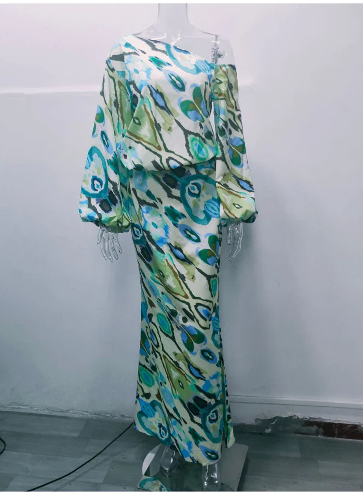 Autumn Casual Two-Piece Women's Off Shoulder Loose Print Asymmetrical Long Sleeve T-Shirt and Fishtail Skirt Set