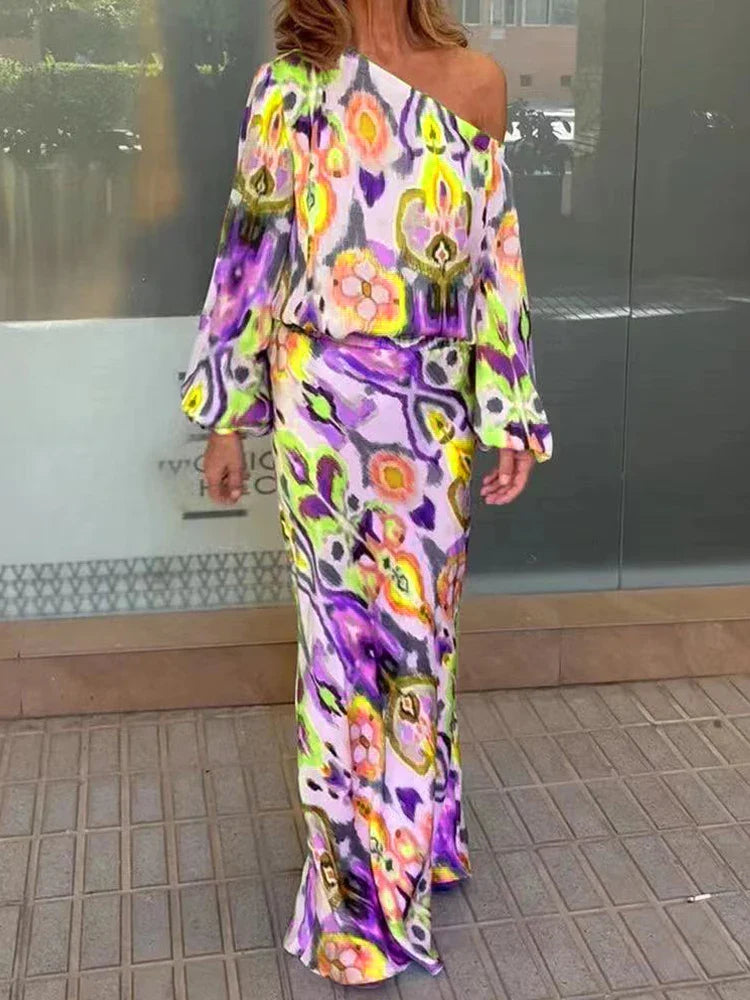 Autumn Casual Two-Piece Women's Off Shoulder Loose Print Asymmetrical Long Sleeve T-Shirt and Fishtail Skirt Set