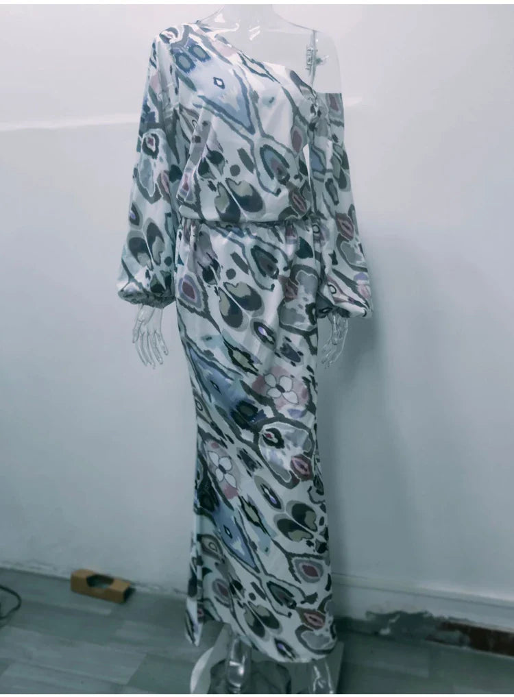 Autumn Casual Two-Piece Women's Off Shoulder Loose Print Asymmetrical Long Sleeve T-Shirt and Fishtail Skirt Set