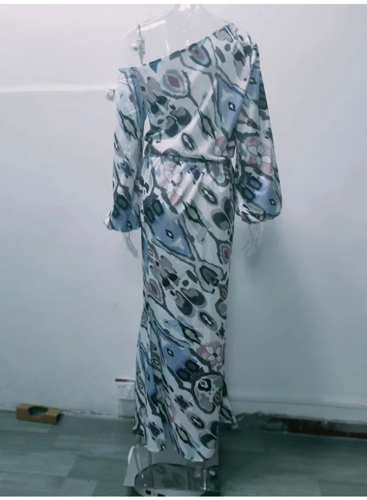 Autumn Casual Two-Piece Women's Off Shoulder Loose Print Asymmetrical Long Sleeve T-Shirt and Fishtail Skirt Set