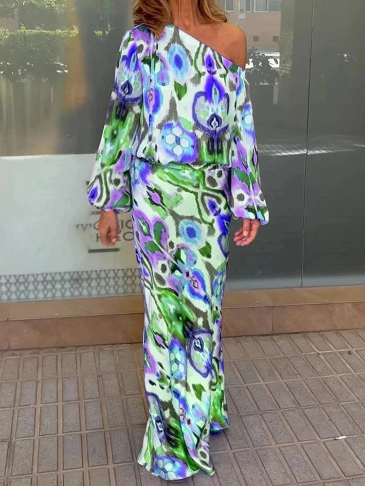 Autumn Casual Two-Piece Women's Off Shoulder Loose Print Asymmetrical Long Sleeve T-Shirt and Fishtail Skirt Set