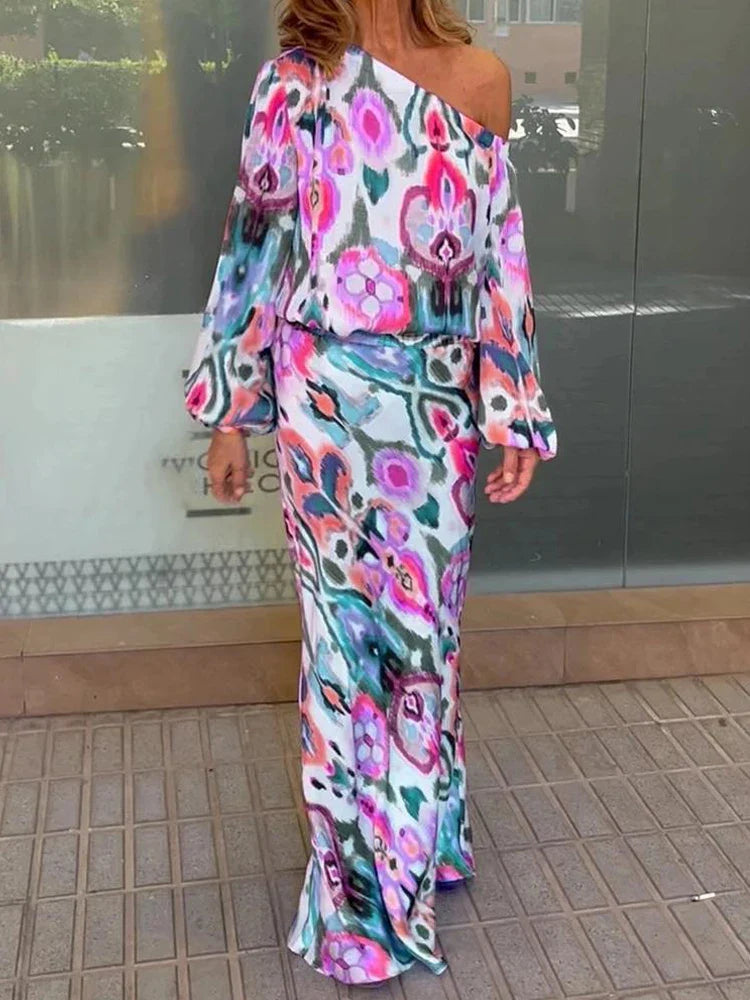 Autumn Casual Two-Piece Women's Off Shoulder Loose Print Asymmetrical Long Sleeve T-Shirt and Fishtail Skirt Set