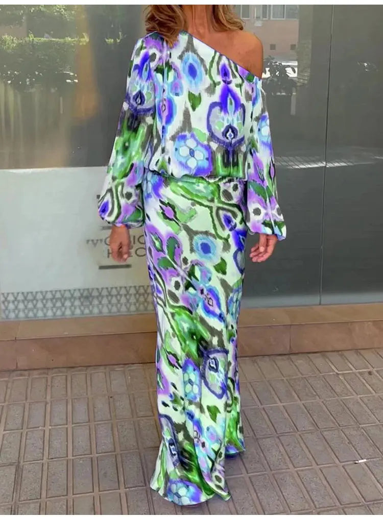 Autumn Casual Two-Piece Women's Off Shoulder Loose Print Asymmetrical Long Sleeve T-Shirt and Fishtail Skirt Set