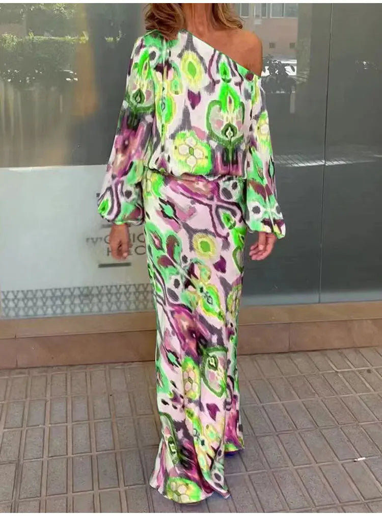 Autumn Casual Two-Piece Women's Off Shoulder Loose Print Asymmetrical Long Sleeve T-Shirt and Fishtail Skirt Set