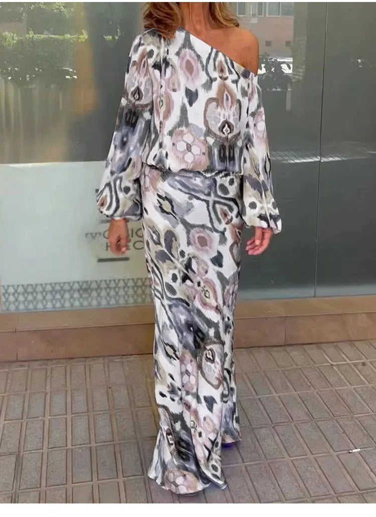 Autumn Casual Two-Piece Women's Off Shoulder Loose Print Asymmetrical Long Sleeve T-Shirt and Fishtail Skirt Set