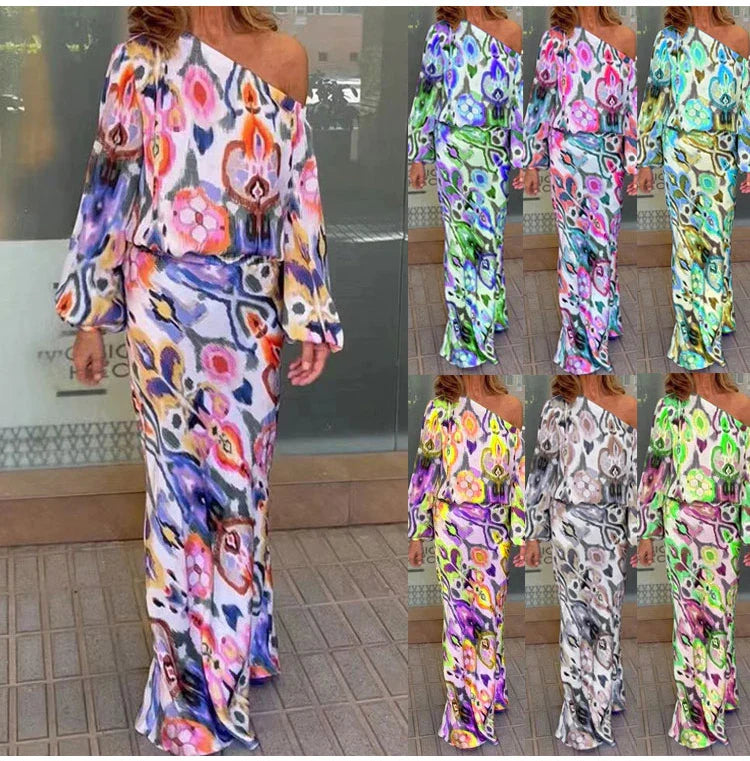 Autumn Casual Two-Piece Women's Off Shoulder Loose Print Asymmetrical Long Sleeve T-Shirt and Fishtail Skirt Set