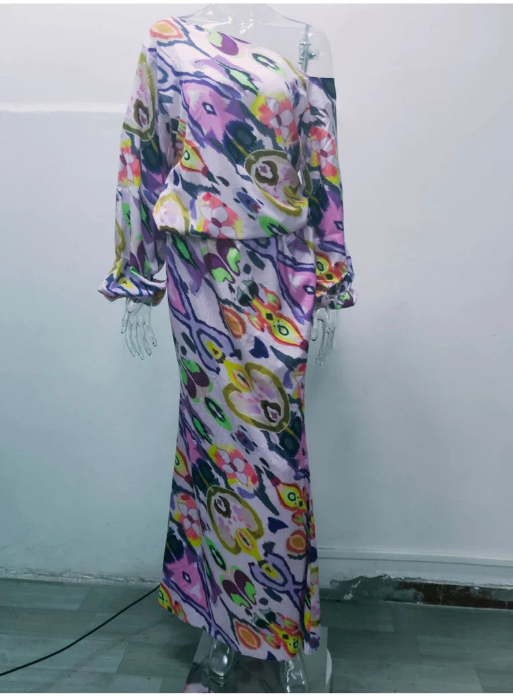 Autumn Casual Two-Piece Women's Off Shoulder Loose Print Asymmetrical Long Sleeve T-Shirt and Fishtail Skirt Set