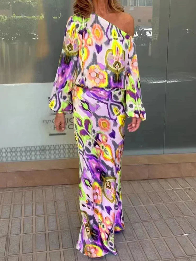 Autumn Casual Two-Piece Women's Off Shoulder Loose Print Asymmetrical Long Sleeve T-Shirt and Fishtail Skirt Set