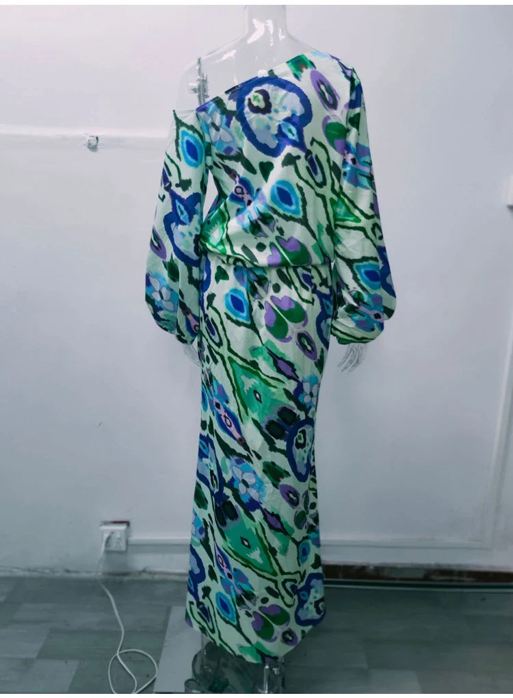 Autumn Casual Two-Piece Women's Off Shoulder Loose Print Asymmetrical Long Sleeve T-Shirt and Fishtail Skirt Set