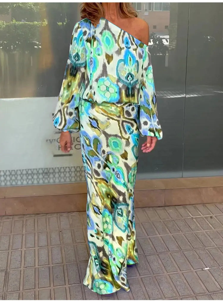 Autumn Casual Two-Piece Women's Off Shoulder Loose Print Asymmetrical Long Sleeve T-Shirt and Fishtail Skirt Set