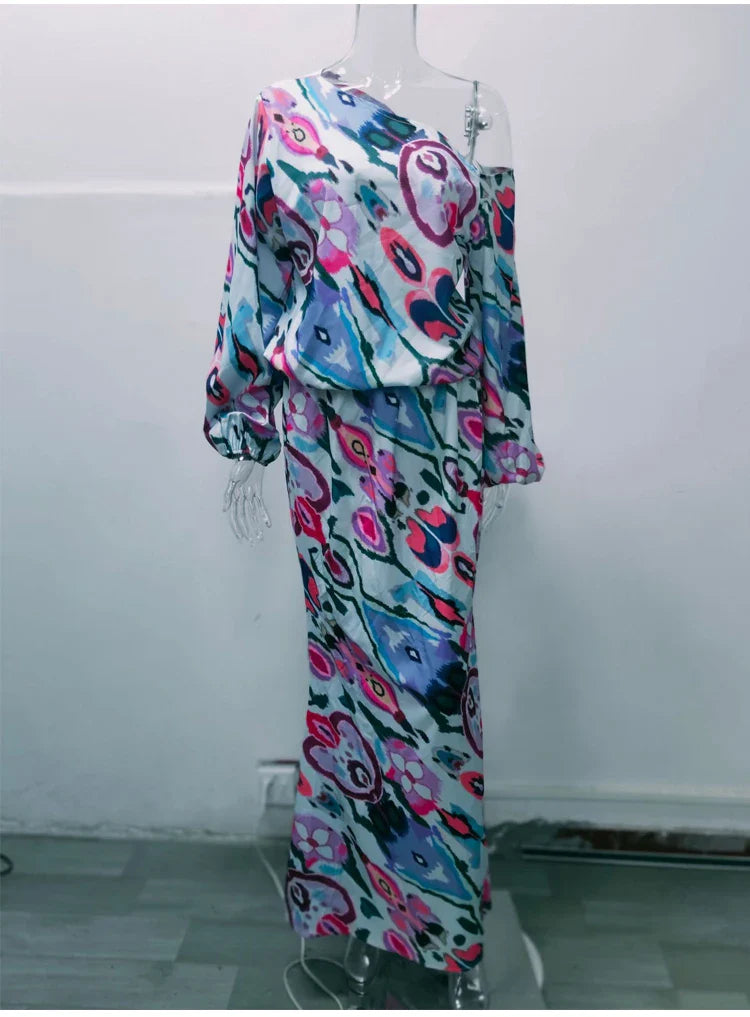 Autumn Casual Two-Piece Women's Off Shoulder Loose Print Asymmetrical Long Sleeve T-Shirt and Fishtail Skirt Set