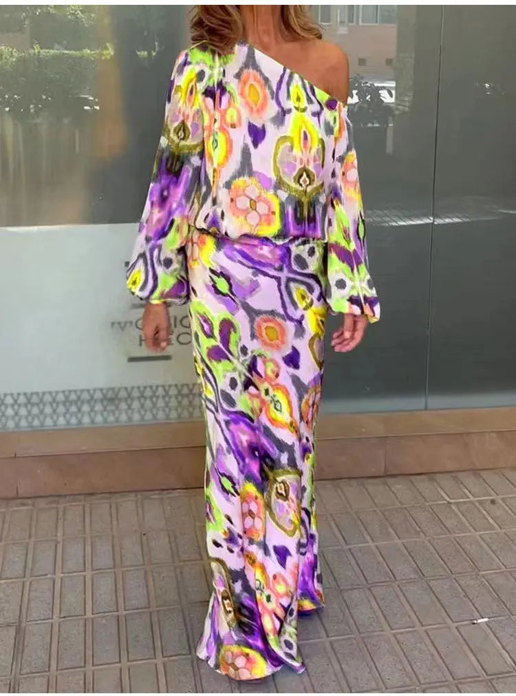 Autumn Casual Two-Piece Women's Off Shoulder Loose Print Asymmetrical Long Sleeve T-Shirt and Fishtail Skirt Set