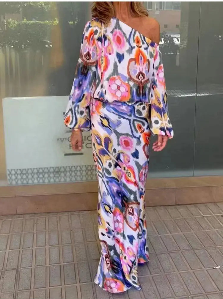 Autumn Casual Two-Piece Women's Off Shoulder Loose Print Asymmetrical Long Sleeve T-Shirt and Fishtail Skirt Set