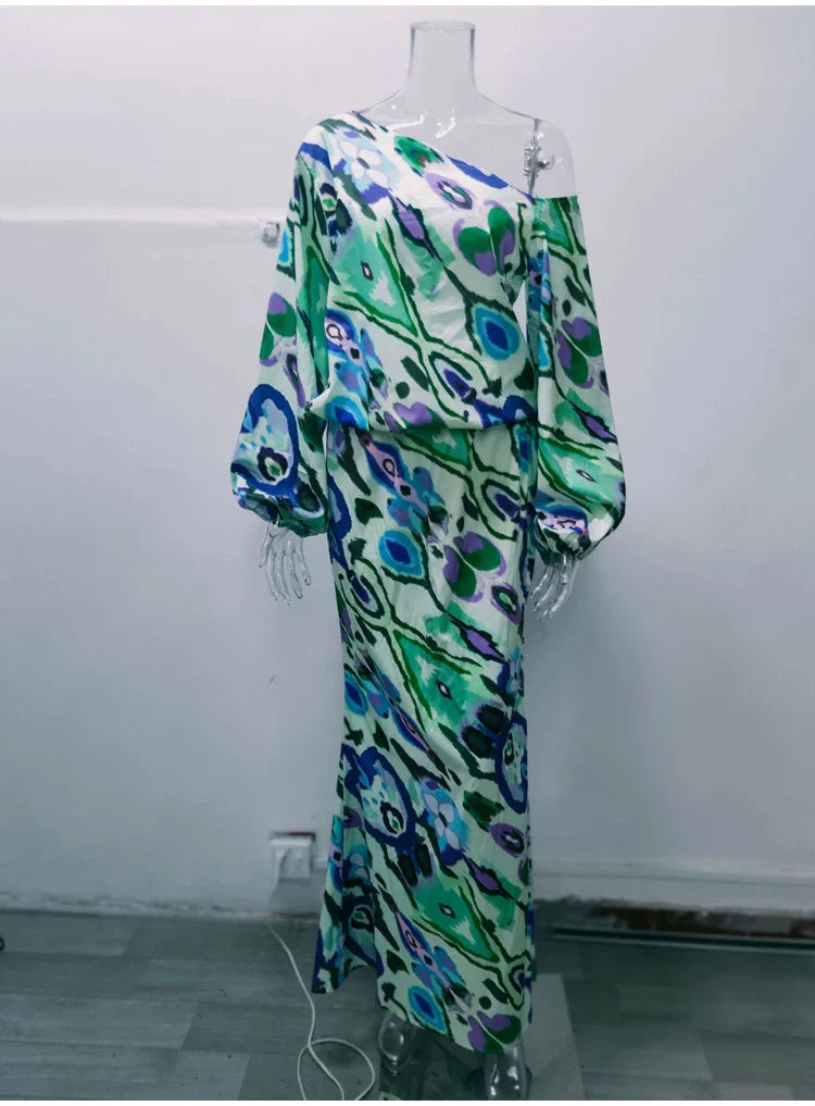 Autumn Casual Two-Piece Women's Off Shoulder Loose Print Asymmetrical Long Sleeve T-Shirt and Fishtail Skirt Set