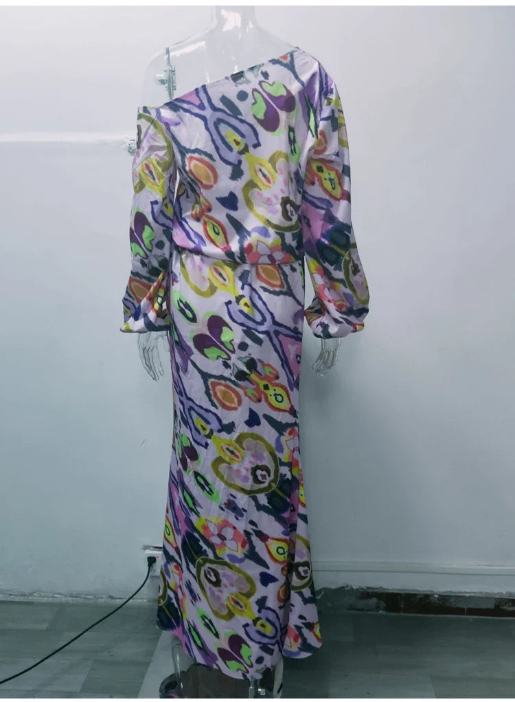 Autumn Casual Two-Piece Women's Off Shoulder Loose Print Asymmetrical Long Sleeve T-Shirt and Fishtail Skirt Set