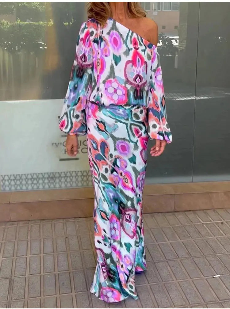 Autumn Casual Two-Piece Women's Off Shoulder Loose Print Asymmetrical Long Sleeve T-Shirt and Fishtail Skirt Set