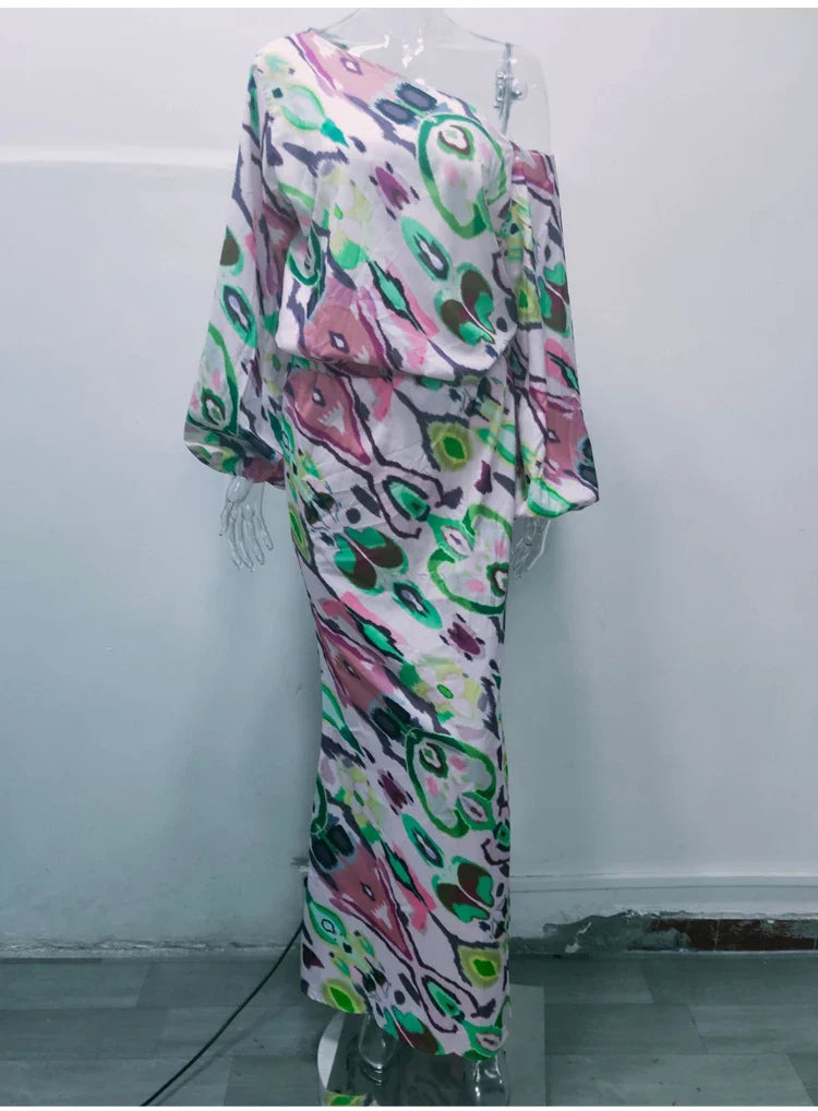 Autumn Casual Two-Piece Women's Off Shoulder Loose Print Asymmetrical Long Sleeve T-Shirt and Fishtail Skirt Set