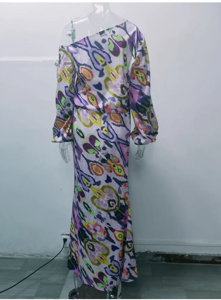 Autumn Casual Two-Piece Women's Off Shoulder Loose Print Asymmetrical Long Sleeve T-Shirt and Fishtail Skirt Set