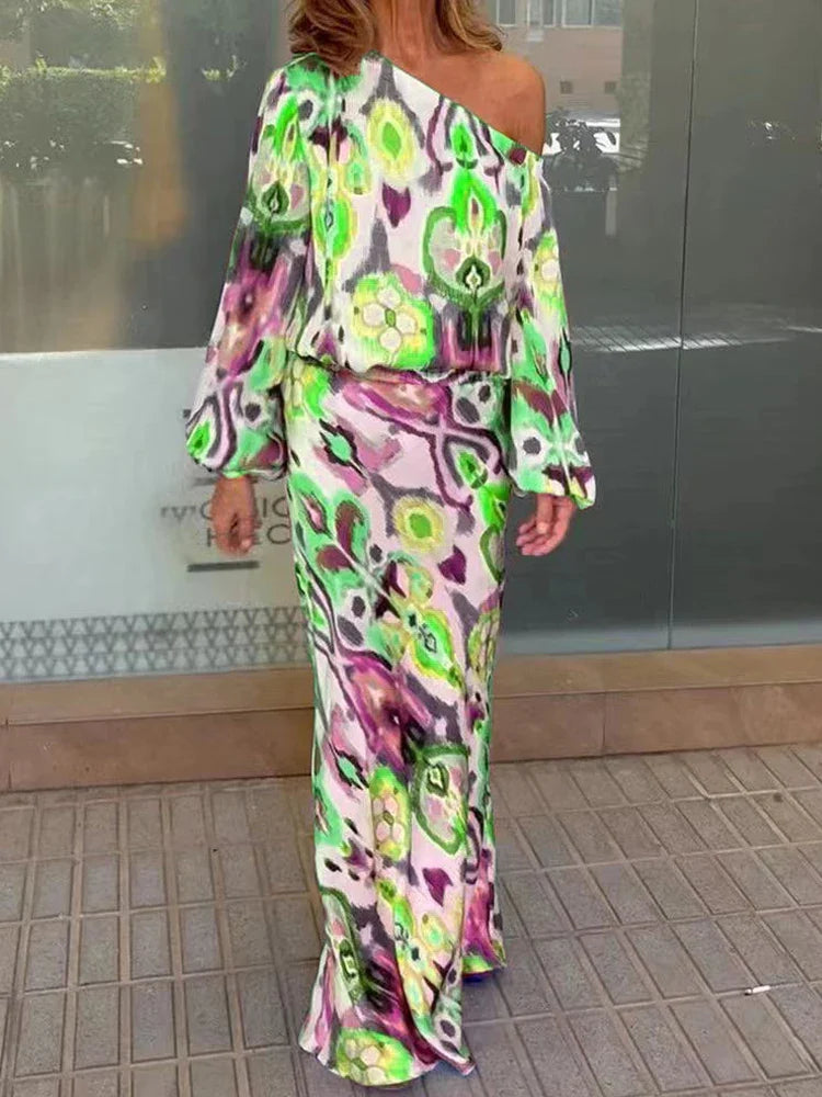 Autumn Casual Two-Piece Women's Off Shoulder Loose Print Asymmetrical Long Sleeve T-Shirt and Fishtail Skirt Set