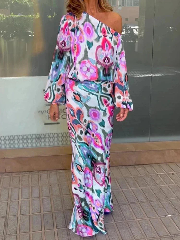 Autumn Casual Two-Piece Women's Off Shoulder Loose Print Asymmetrical Long Sleeve T-Shirt and Fishtail Skirt Set