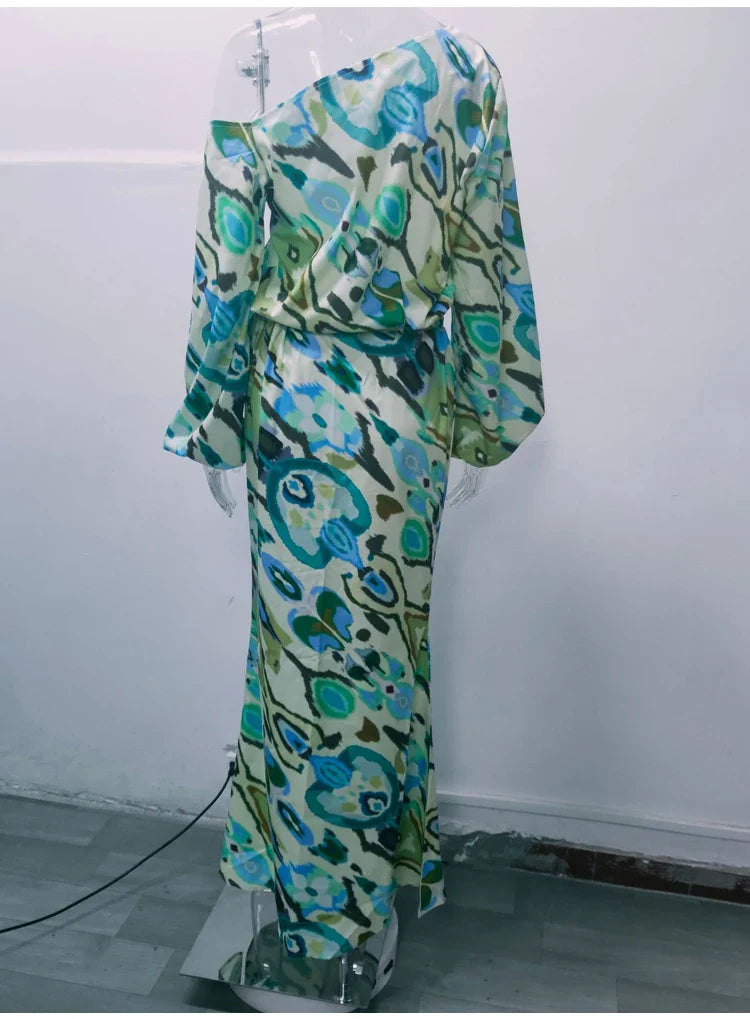 Autumn Casual Two-Piece Women's Off Shoulder Loose Print Asymmetrical Long Sleeve T-Shirt and Fishtail Skirt Set