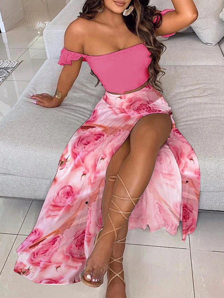 Chic Summer Two-Piece Set for Women Solid Pleated Top and Floral High Waist Midi Skirt Elegant Lightweight Outfit for Casual and Dressy Occasions