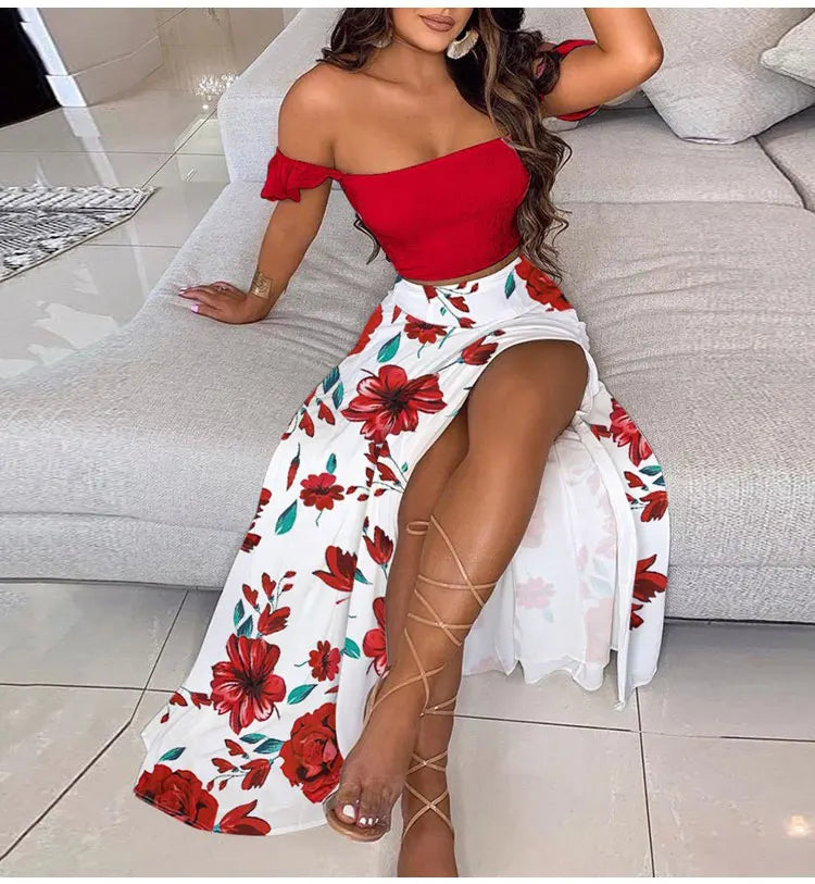 Chic Summer Two-Piece Set for Women Solid Pleated Top and Floral High Waist Midi Skirt Elegant Lightweight Outfit for Casual and Dressy Occasions