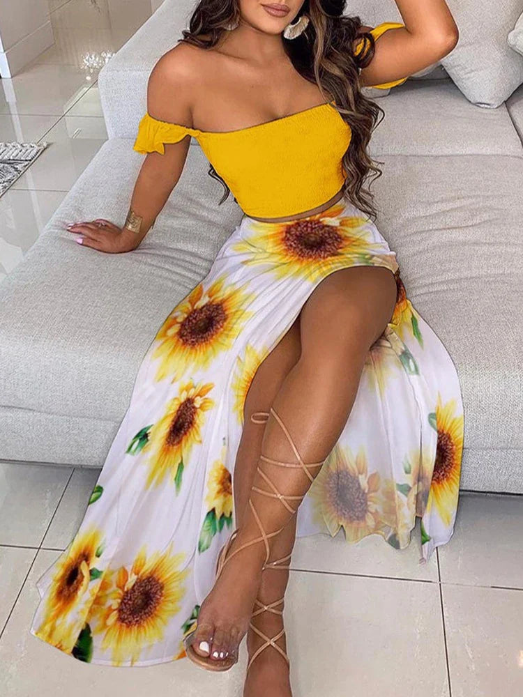 Chic Summer Two-Piece Set for Women Solid Pleated Top and Floral High Waist Midi Skirt Elegant Lightweight Outfit for Casual and Dressy Occasions