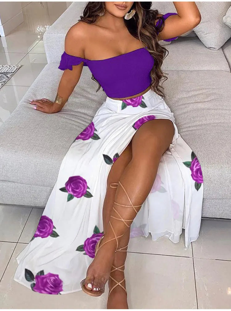 Chic Summer Two-Piece Set for Women Solid Pleated Top and Floral High Waist Midi Skirt Elegant Lightweight Outfit for Casual and Dressy Occasions