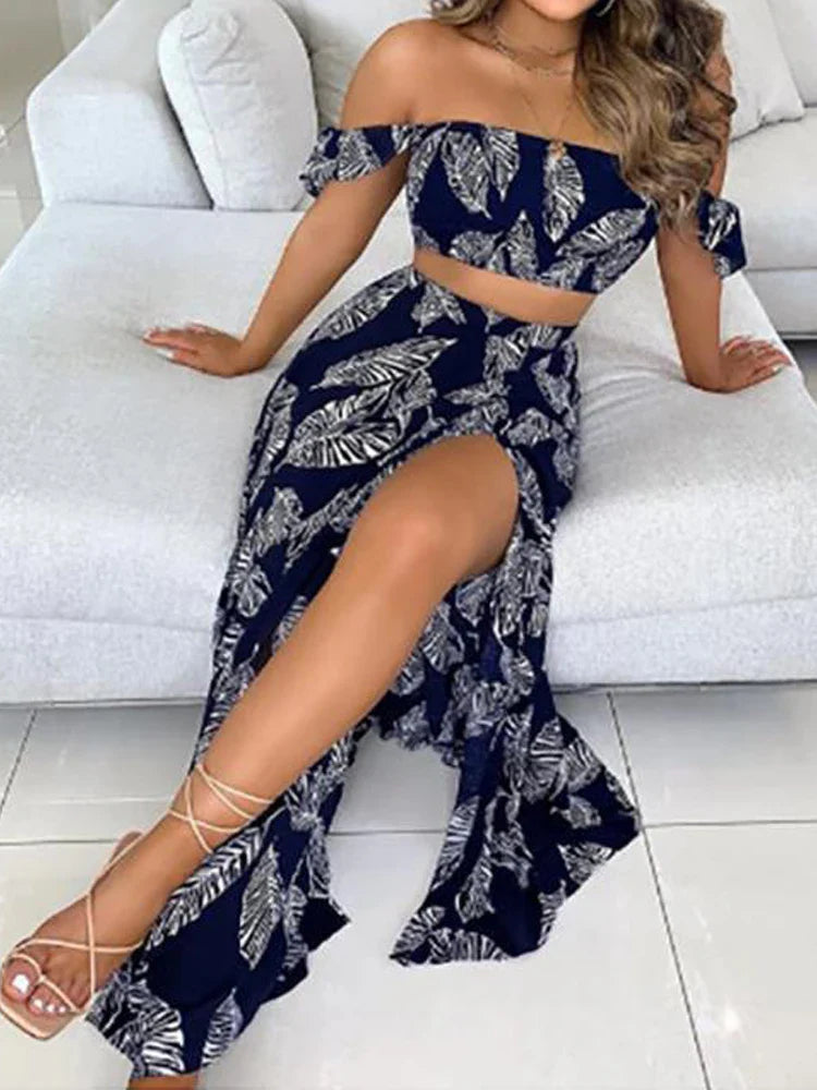 Chic Summer Two-Piece Set for Women Solid Pleated Top and Floral High Waist Midi Skirt Elegant Lightweight Outfit for Casual and Dressy Occasions