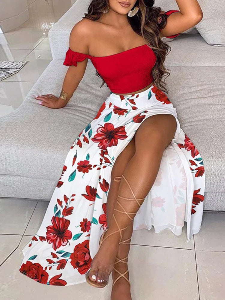 Chic Summer Two-Piece Set for Women Solid Pleated Top and Floral High Waist Midi Skirt Elegant Lightweight Outfit for Casual and Dressy Occasions