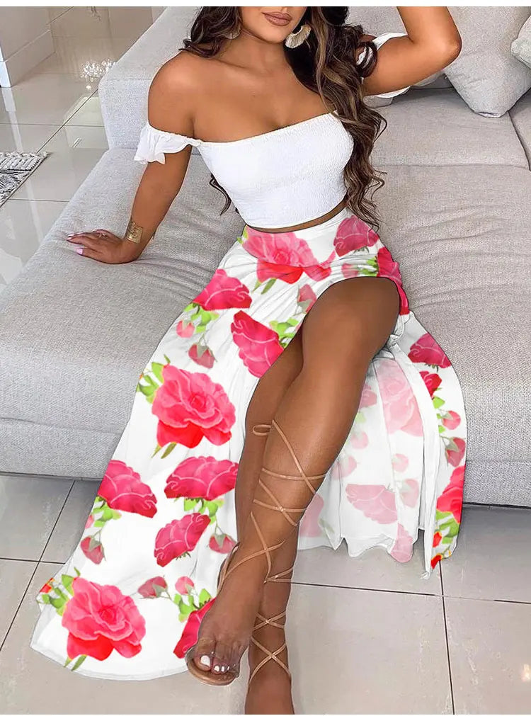 Chic Summer Two-Piece Set for Women Solid Pleated Top and Floral High Waist Midi Skirt Elegant Lightweight Outfit for Casual and Dressy Occasions