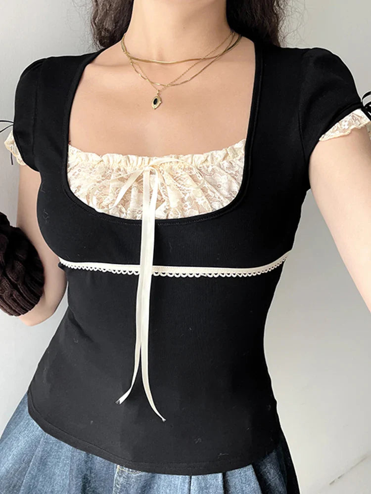 Sweet Y2K Contrast Lace Patchwork Square Collar Black T-Shirt for Women Short Sleeve Basic Balletcore Cute Summer Top