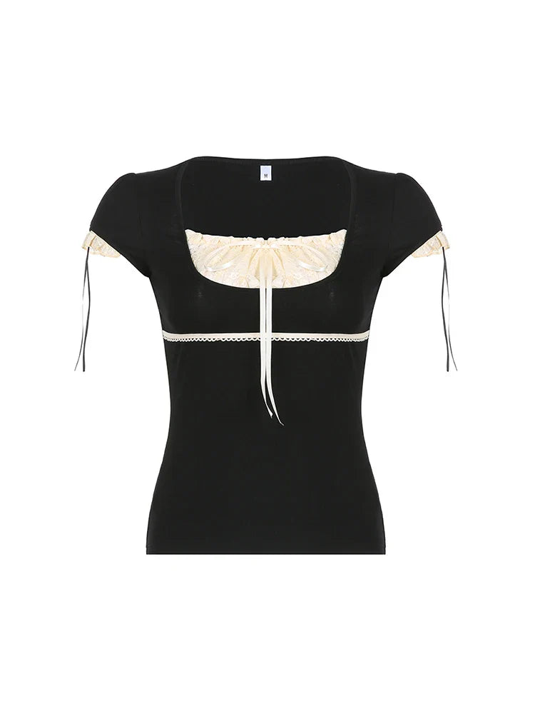 Sweet Y2K Contrast Lace Patchwork Square Collar Black T-Shirt for Women Short Sleeve Basic Balletcore Cute Summer Top