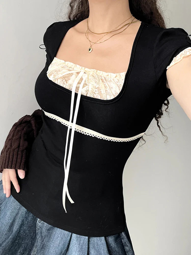Sweet Y2K Contrast Lace Patchwork Square Collar Black T-Shirt for Women Short Sleeve Basic Balletcore Cute Summer Top