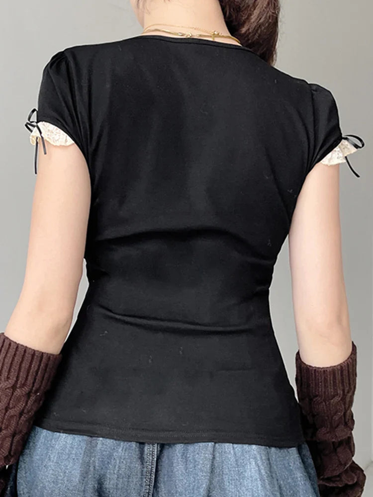 Sweet Y2K Contrast Lace Patchwork Square Collar Black T-Shirt for Women Short Sleeve Basic Balletcore Cute Summer Top