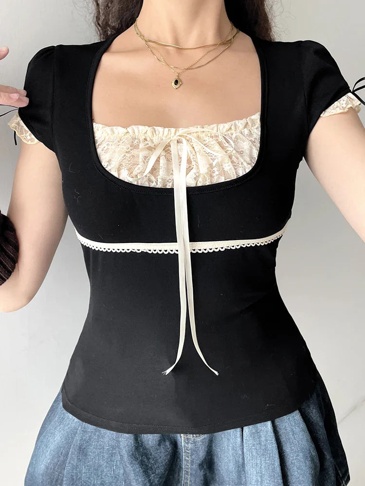Sweet Y2K Contrast Lace Patchwork Square Collar Black T-Shirt for Women Short Sleeve Basic Balletcore Cute Summer Top