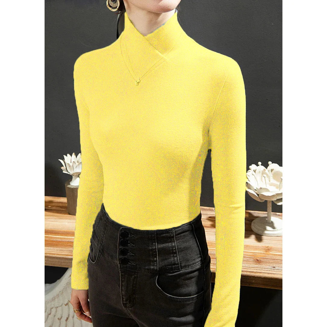 Sweet Elegance Thick Velvet Fleece Long Sleeve Half High Collar Basic Blouse Shirt for Women