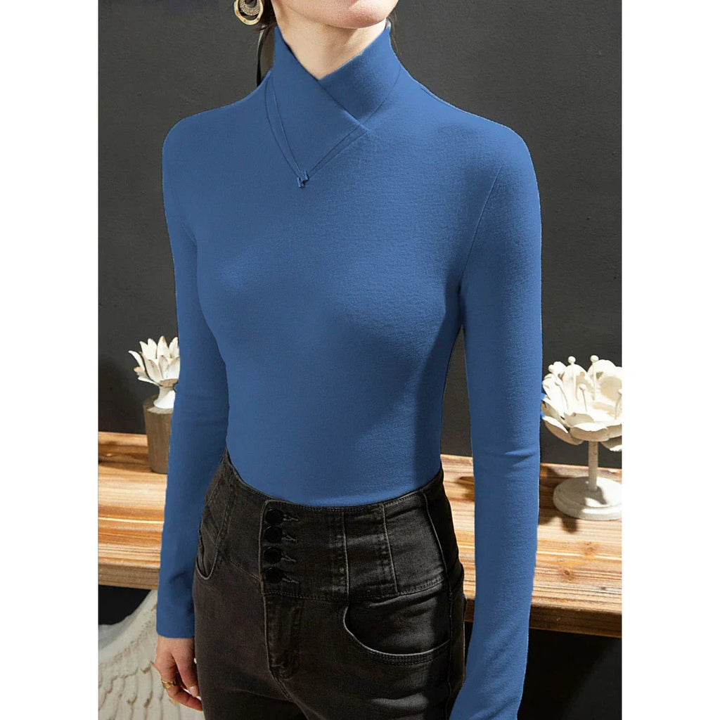 Sweet Elegance Thick Velvet Fleece Long Sleeve Half High Collar Basic Blouse Shirt for Women