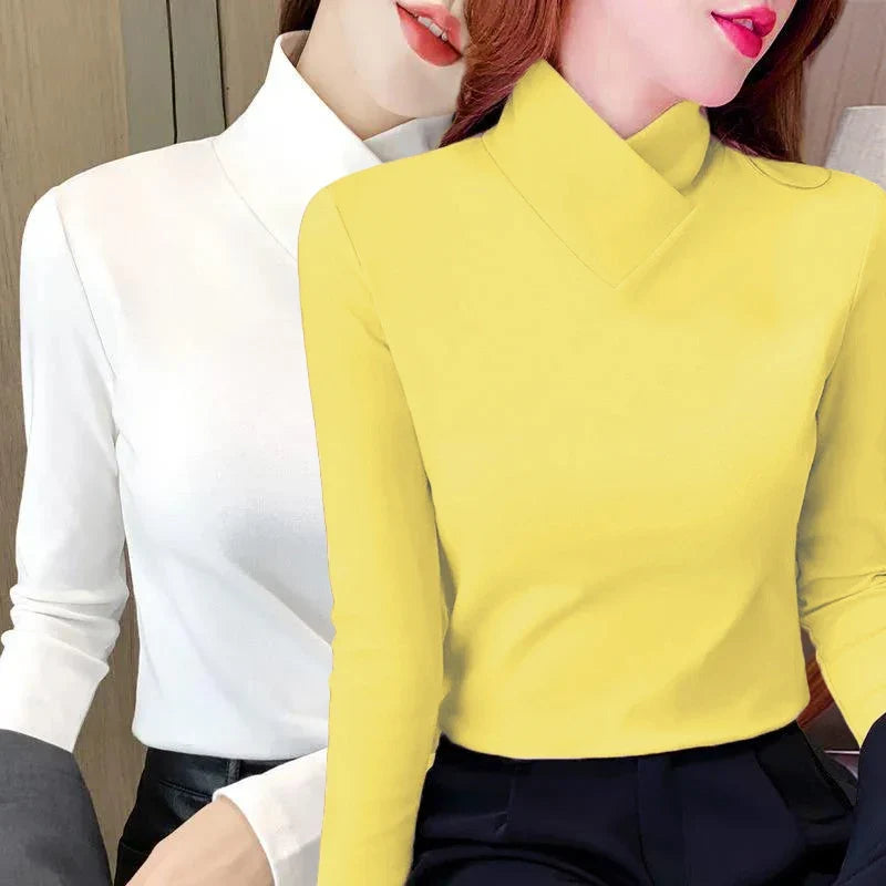 Sweet Elegance Thick Velvet Fleece Long Sleeve Half High Collar Basic Blouse Shirt for Women