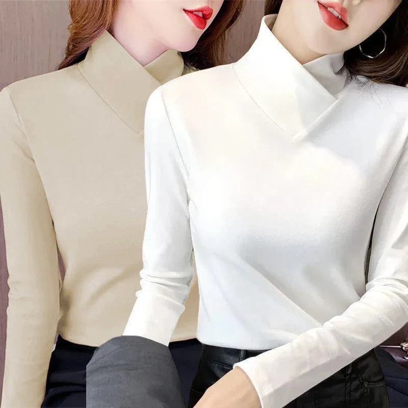 Sweet Elegance Thick Velvet Fleece Long Sleeve Half High Collar Basic Blouse Shirt for Women